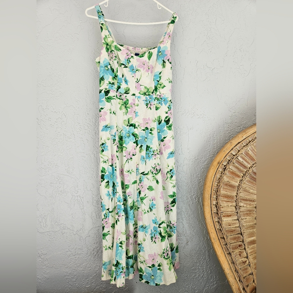 Old Navy Womens M Floral Midi Dress Linen Blend Summer Flirty Feminine Whimsical
